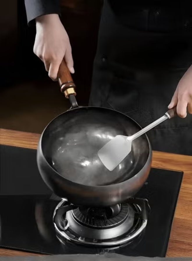 Handmade Non-Stick Wok Pan - 24cm Compact Single Serving Size w/ Wooden Lid (Wooden Cover) - All Stovetops - Image 1